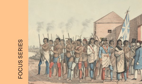 Peter Rindisbacher, H. Jones (engraver), The Red Lake Chief arriving at Red River and visiting the Governor, 1825. Lithograph.