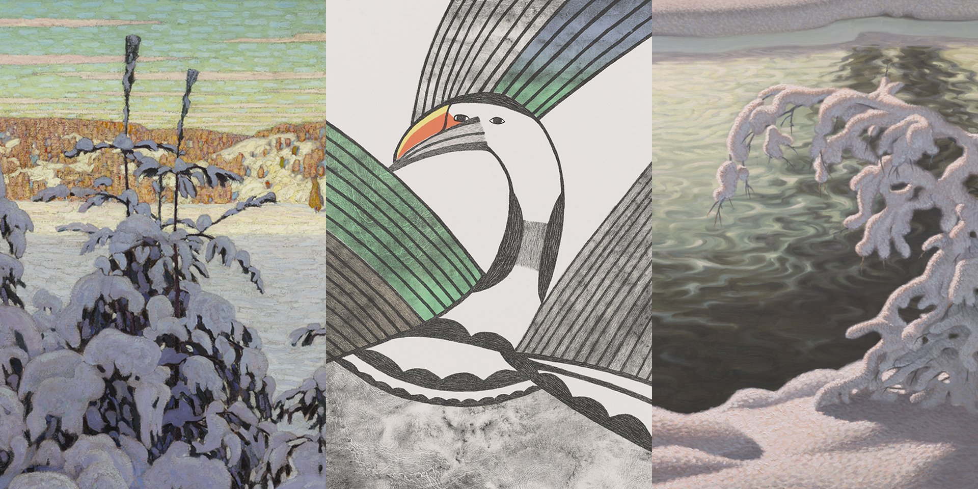 Details of three artworks: 1) Lawren S. Harris, Snow II, 1915. 2) Pudlo Pudlat, Winter Bird, 1984. 3) Gustaf Edolf Fjæstad, Winter Brook, after 1908