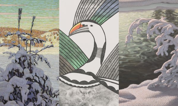 Details of three artworks: 1) Lawren S. Harris, Snow II, 1915. 2) Pudlo Pudlat, Winter Bird, 1984. 3) Gustaf Edolf Fjæstad, Winter Brook, after 1908